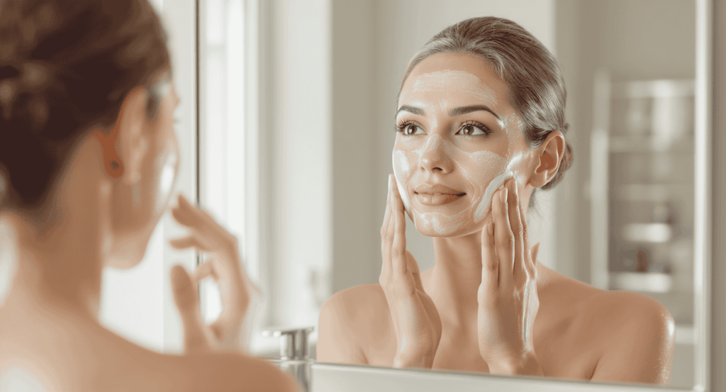 jeune femme apliquant un crème de collagène sur son visage