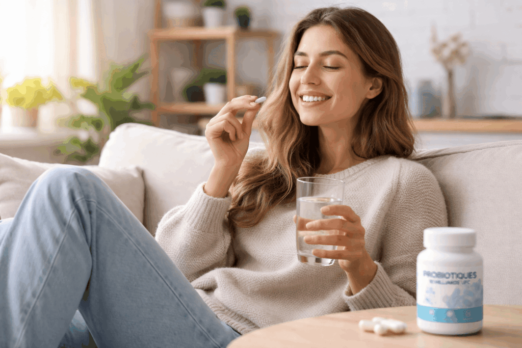 Femme détendue avec un probiotique