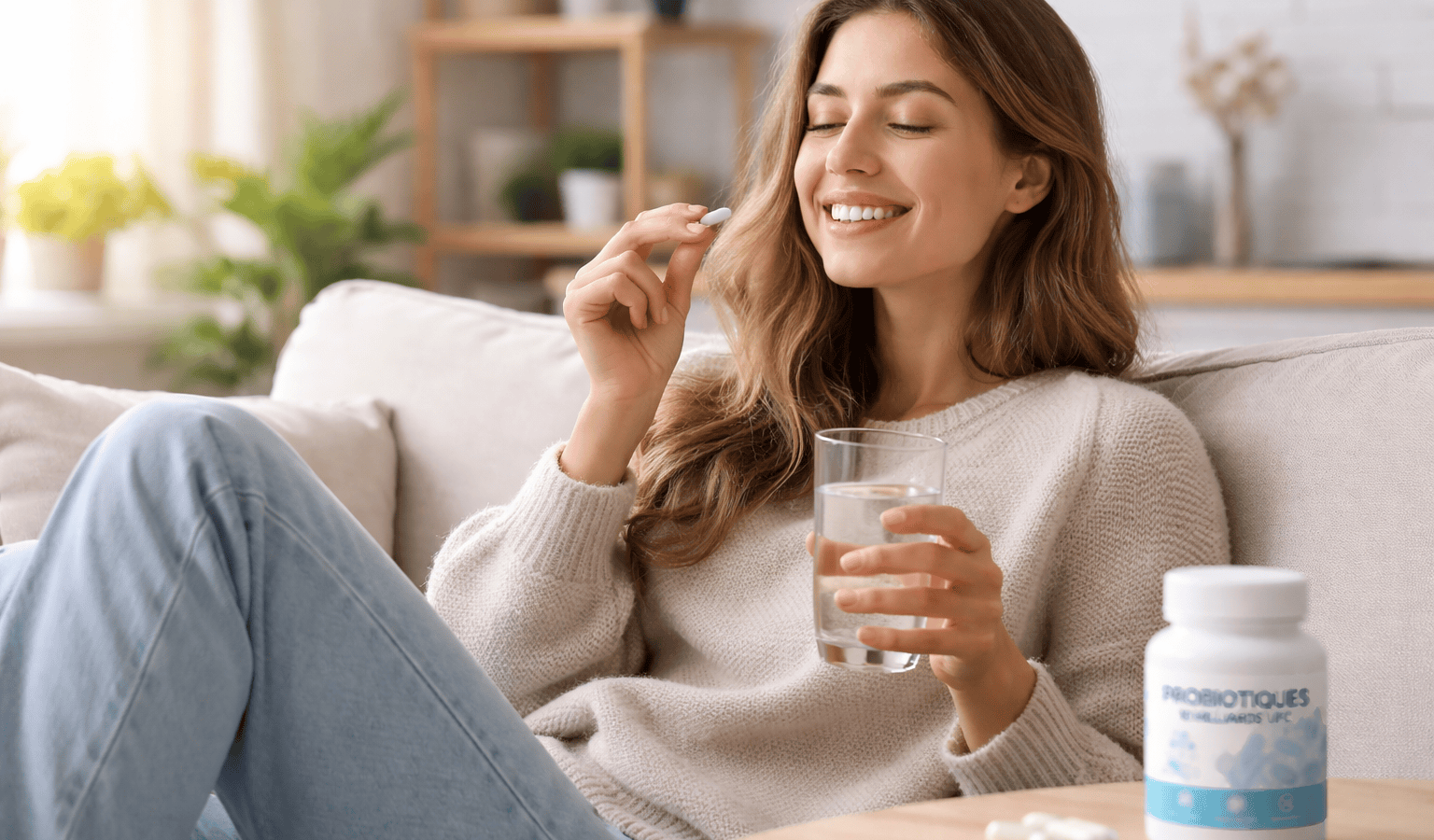 Femme détendue avec un probiotique