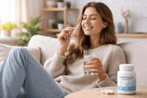 Femme détendue avec un probiotique