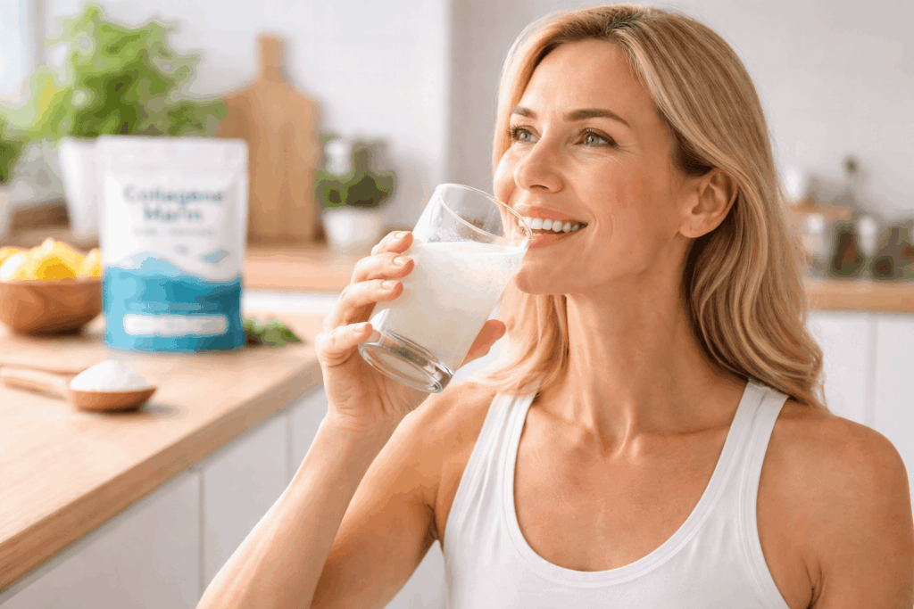 Femme souriante avec boisson au collagène