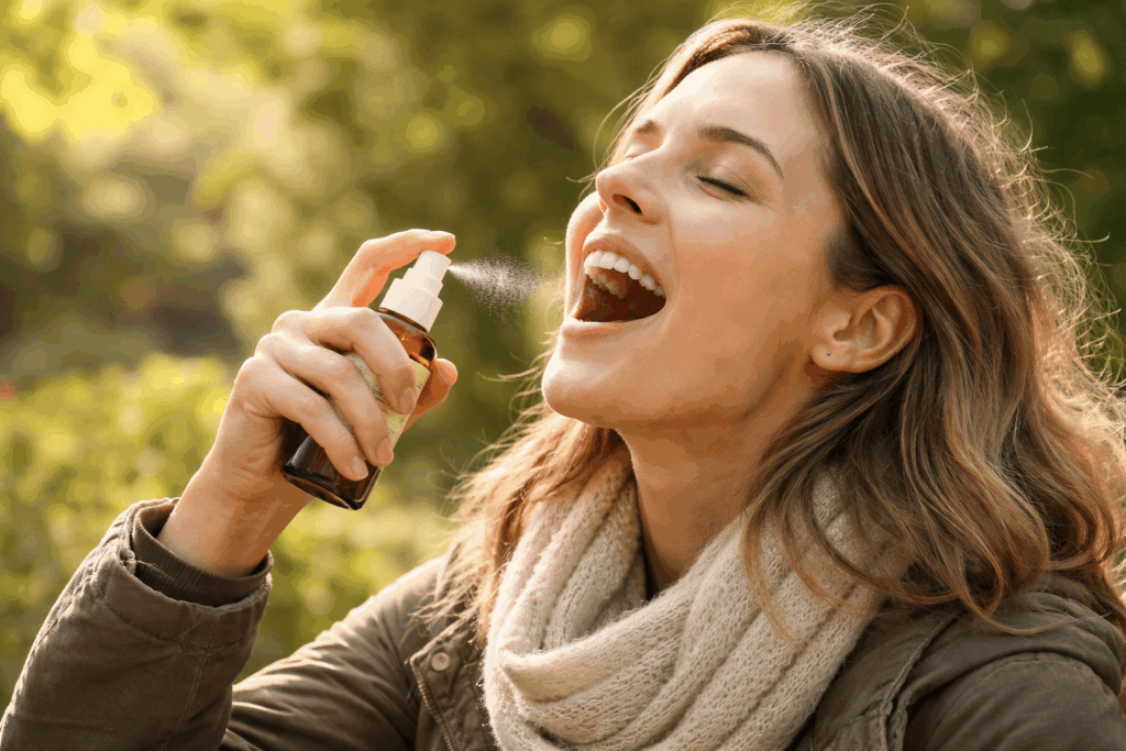 Femme souriante utilisant un spray de propolis