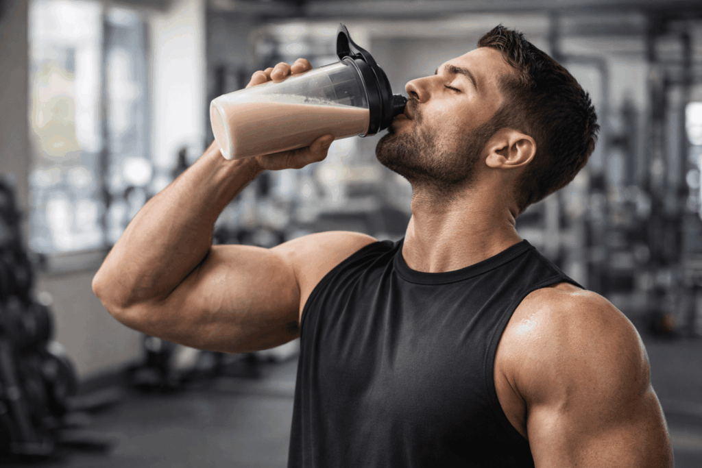 un sportif buvant sa whey et profitant de ses bienfaits