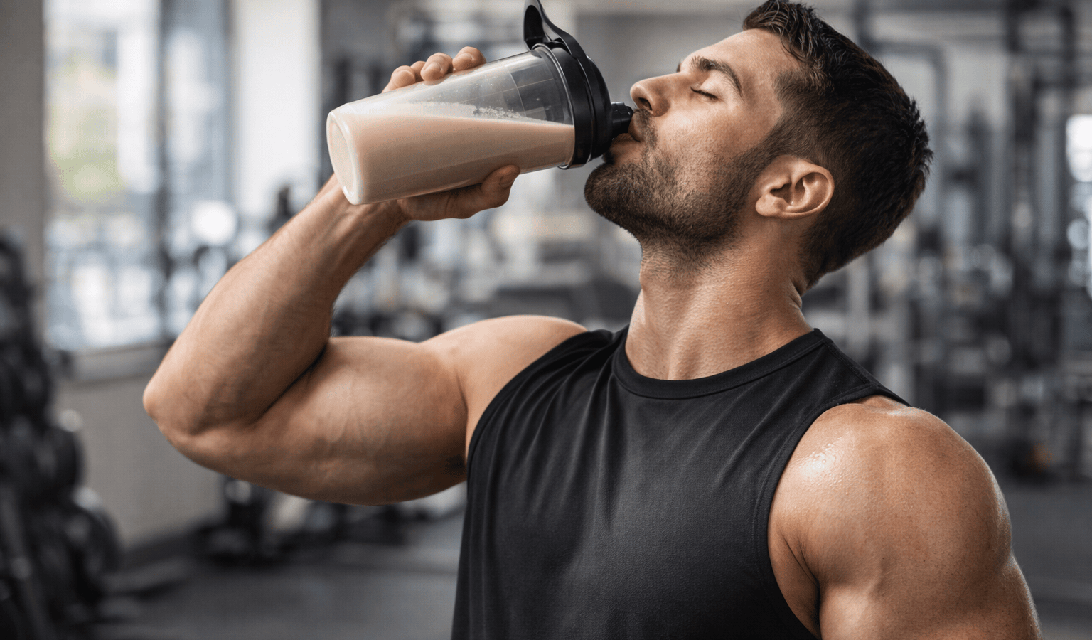 un sportif buvant sa whey et profitant de ses bienfaits