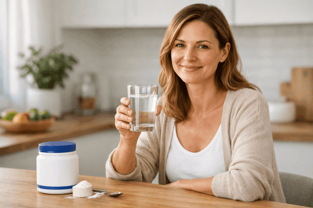 Boisson de collagène et sourire chaleureux