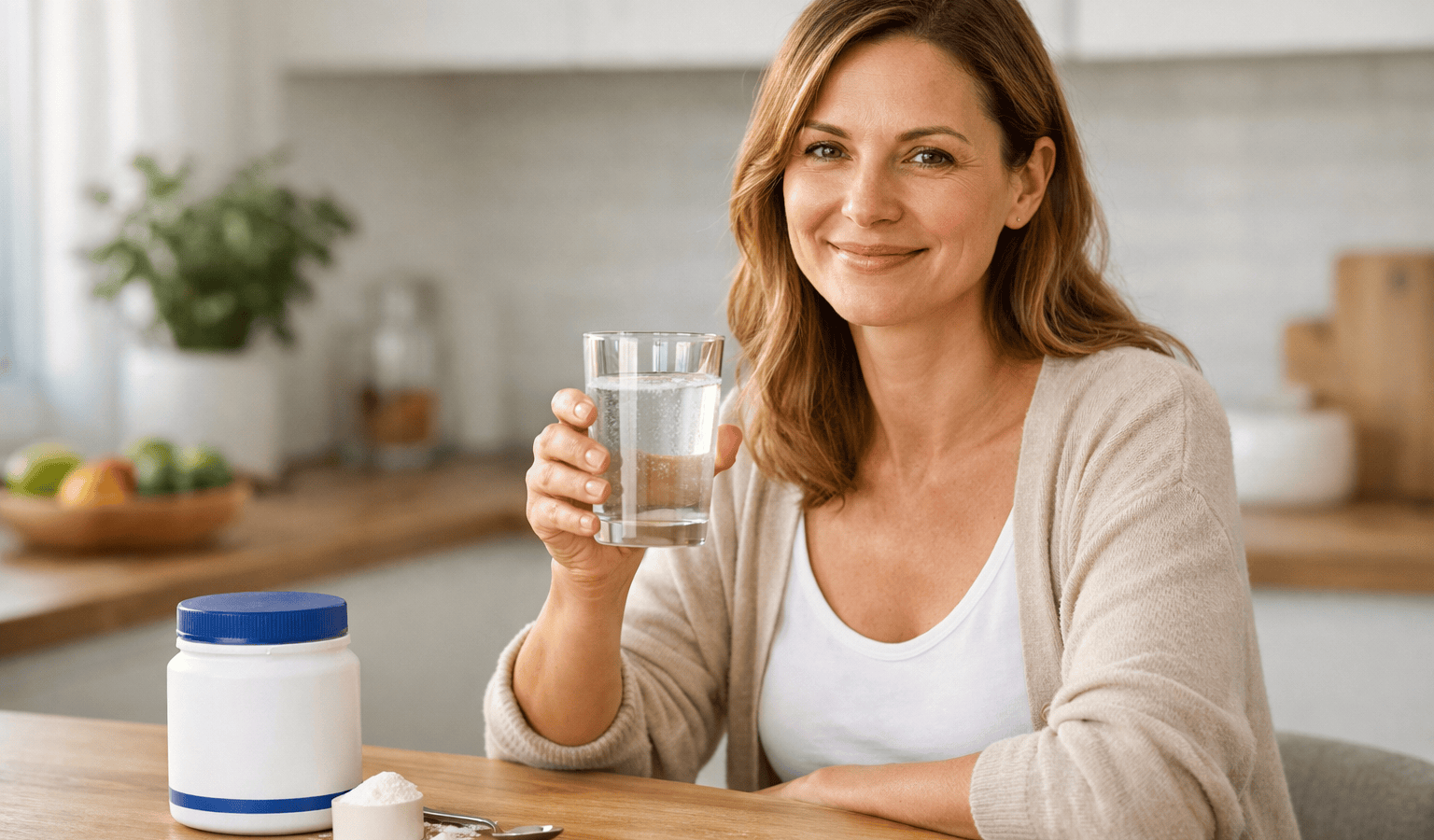 Boisson de collagène et sourire chaleureux