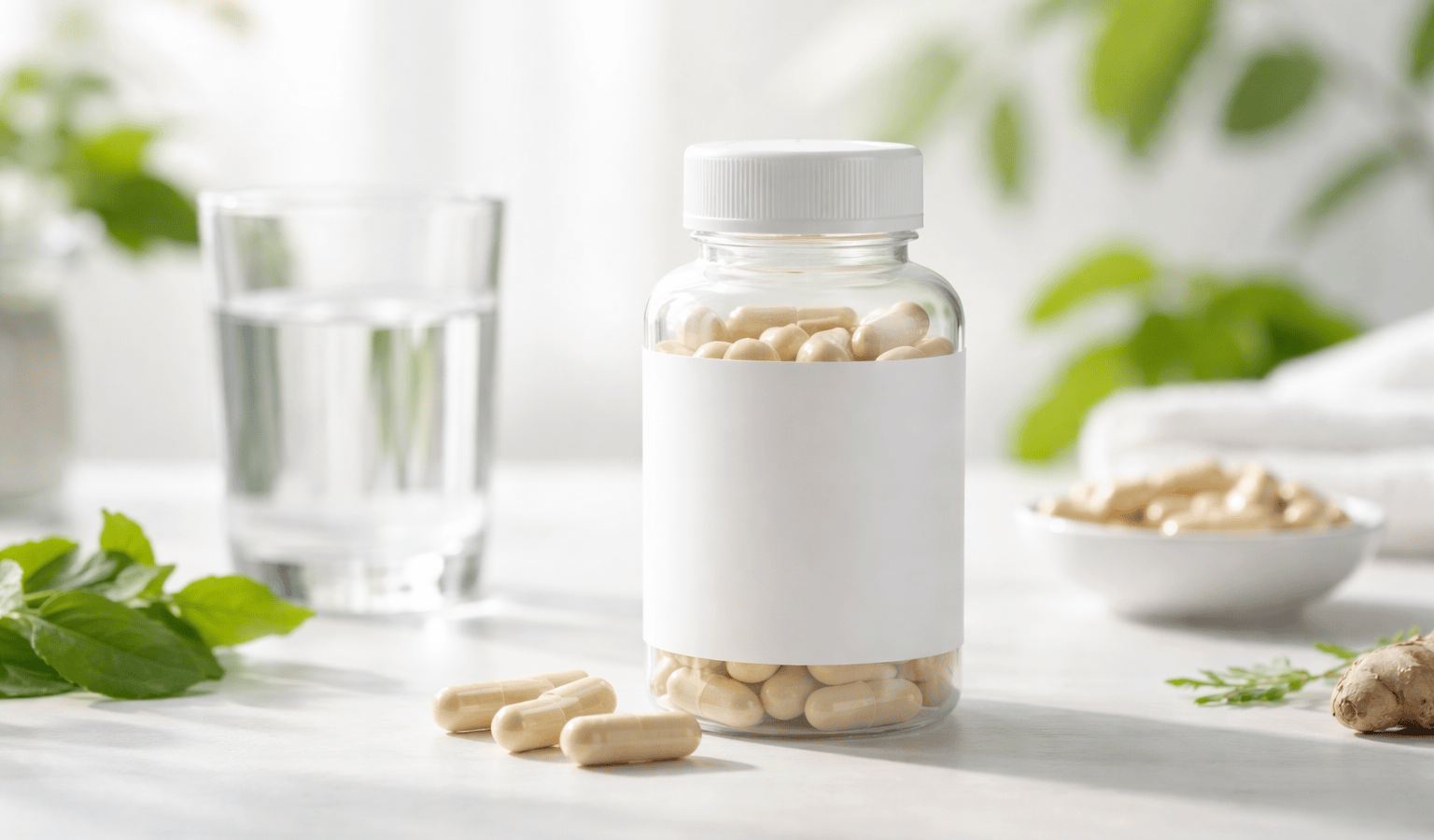 Bouteille de probiotiques sur surface propre