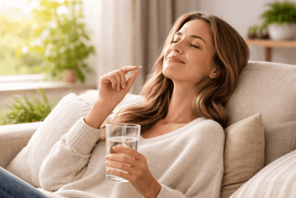 Femme détendue prenant son complément alimentaire pour baisser le cortisol