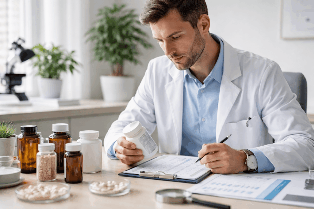 Nutritioniste examinant les compléments alimentaires dynveo