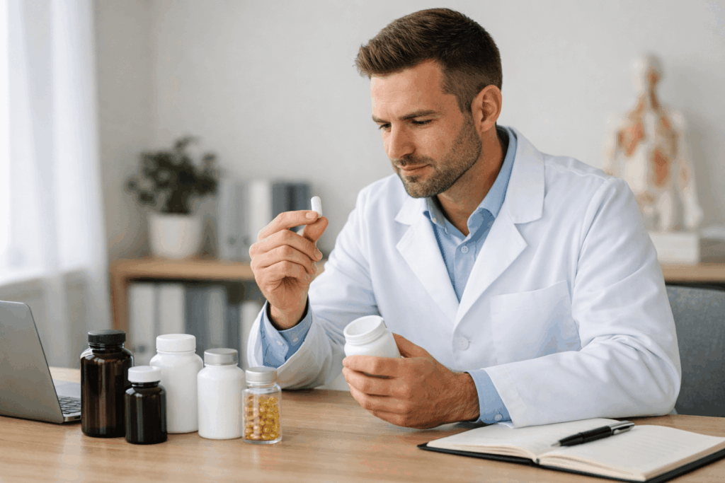 Nutritionniste examinant un supplément