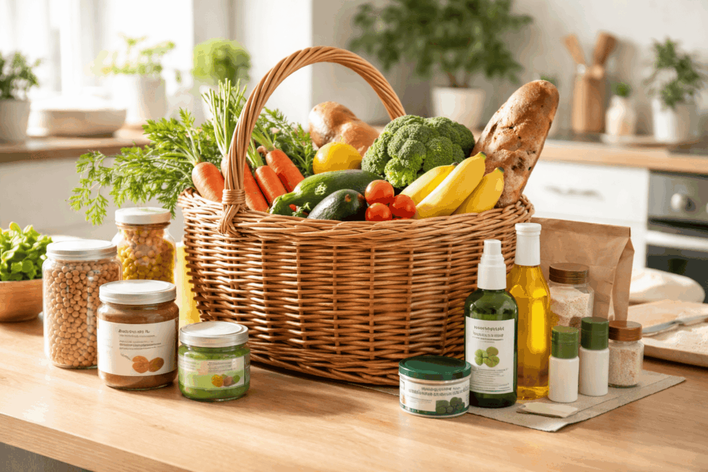Panier en osier avec produits bio greenweez