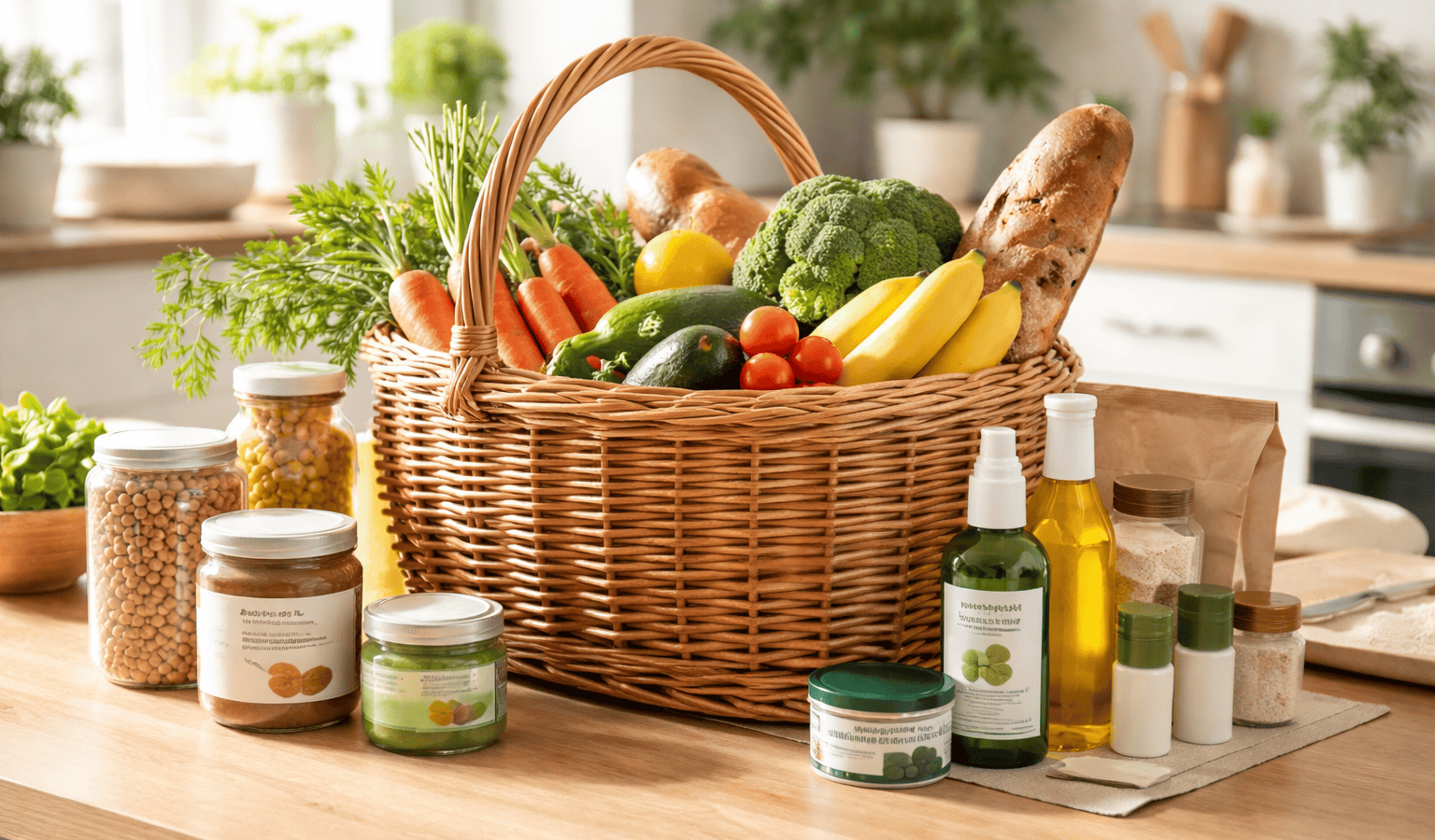 Panier en osier avec produits bio greenweez