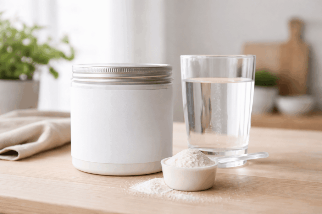 Pot de collagène et verre d'eau