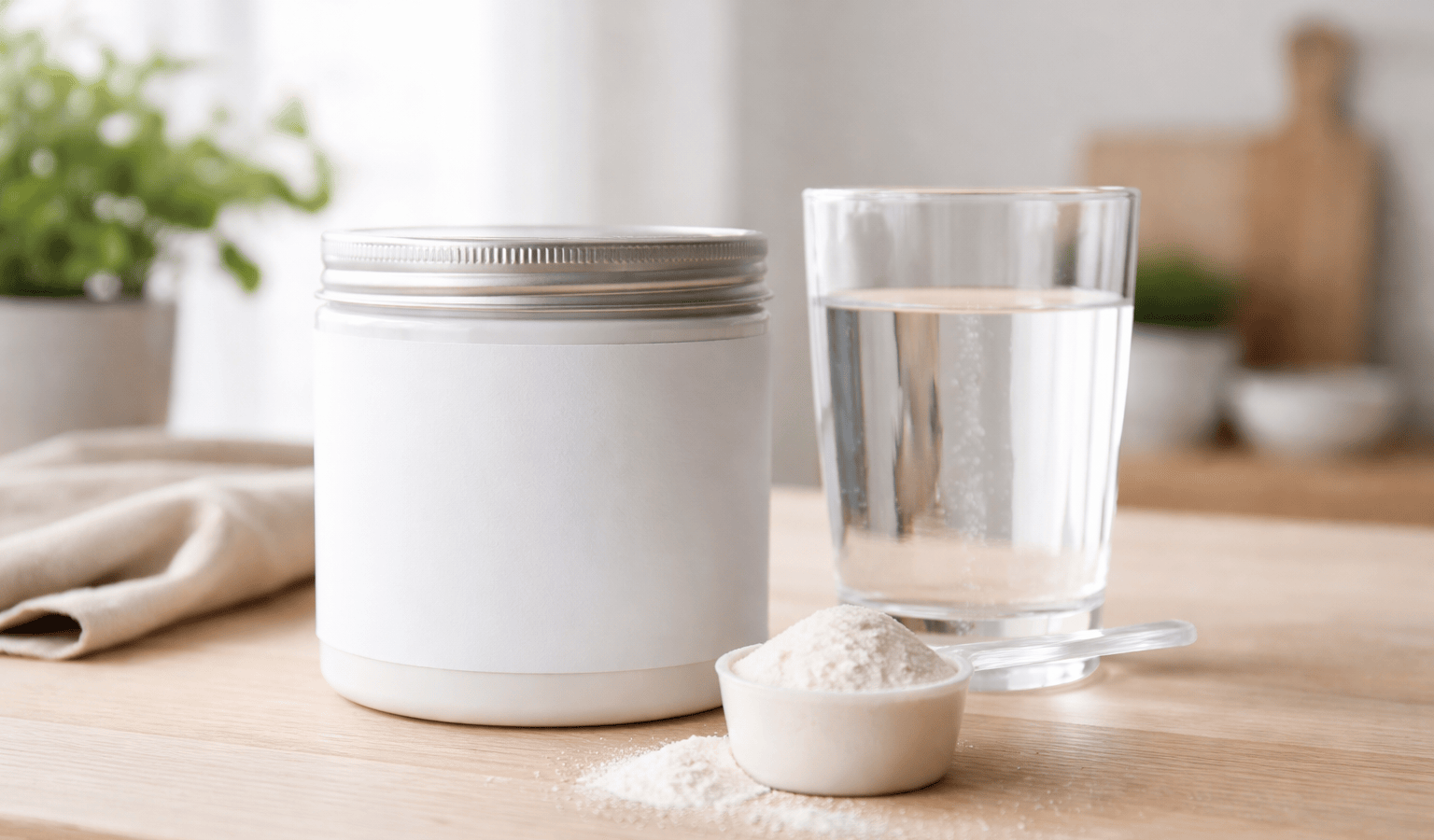 Pot de collagène et verre d'eau