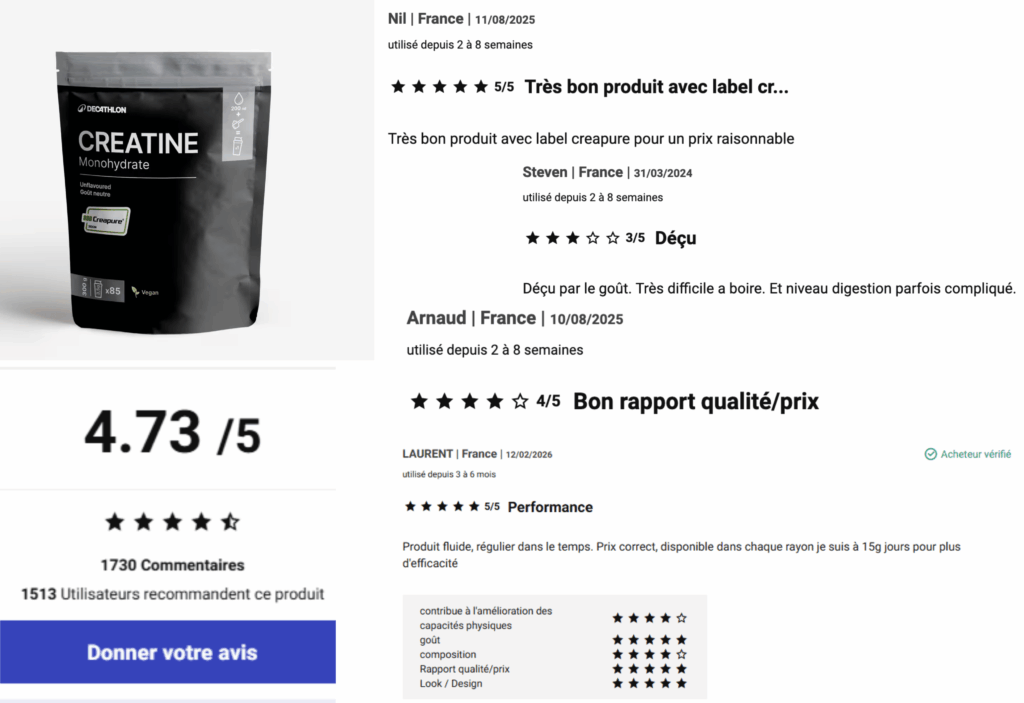 avis des clients sur la créatine decathlon