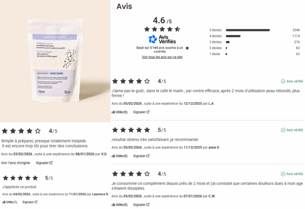 avis des clients sur le collagène marin aroma zone