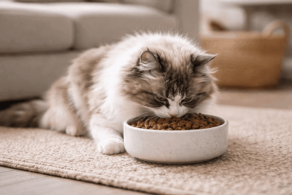 un chat profitant de ses croquettes digestion sensible