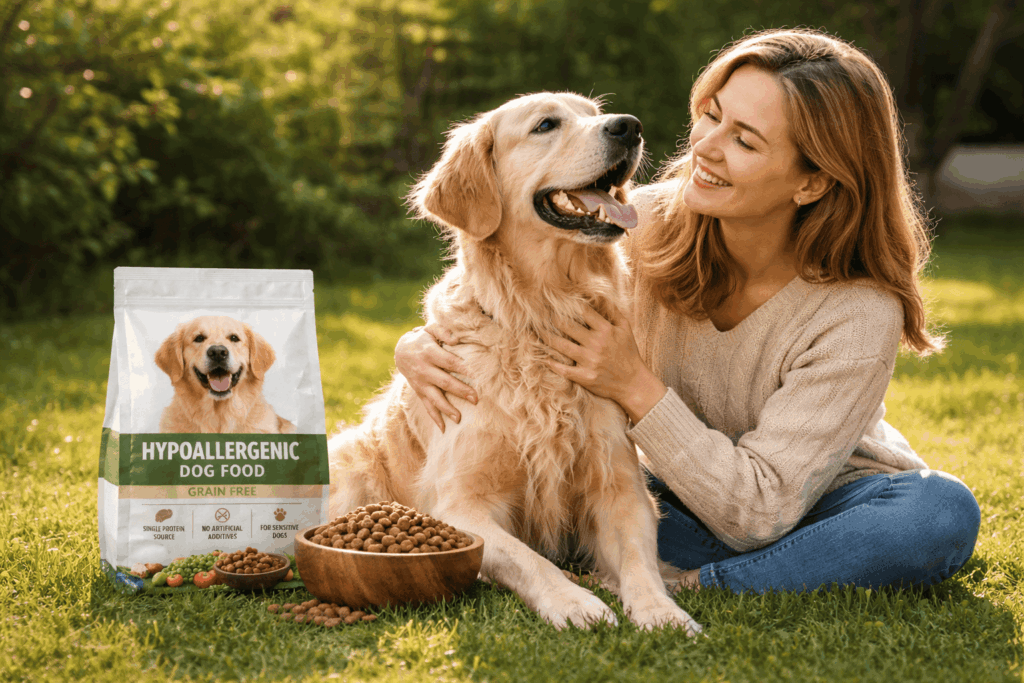 un chien soulagé grâce au croquettes hypoallergéniques