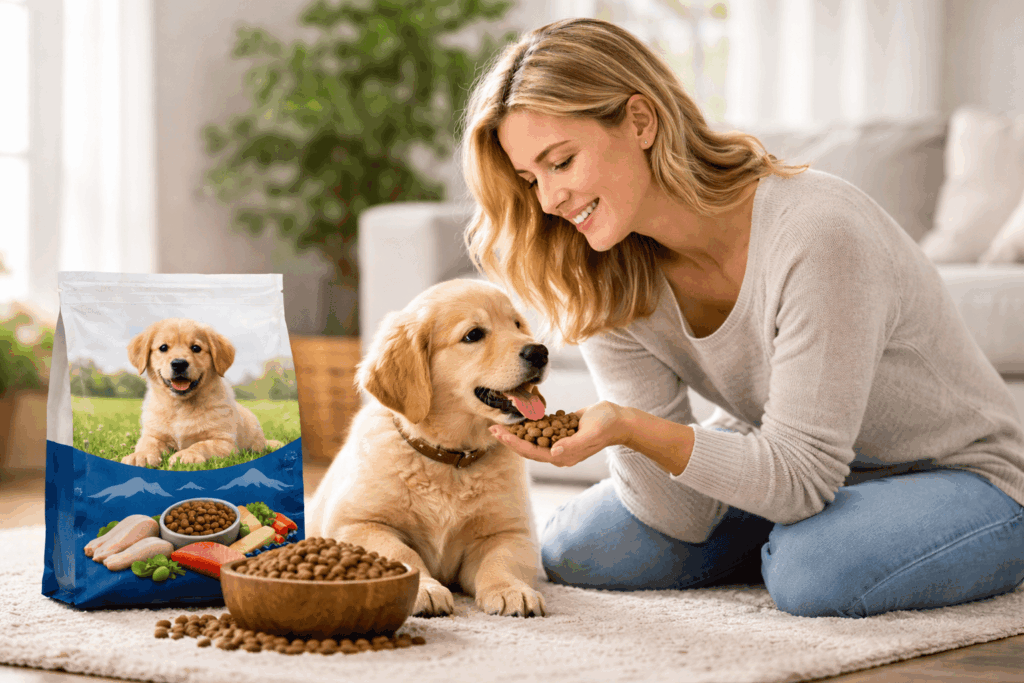 un chiot bien portant grace a ses croquettes