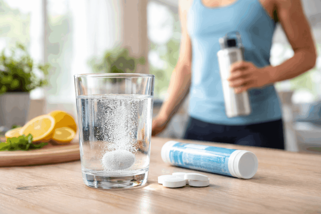 un verre de pastilles d’hydratation hydartis