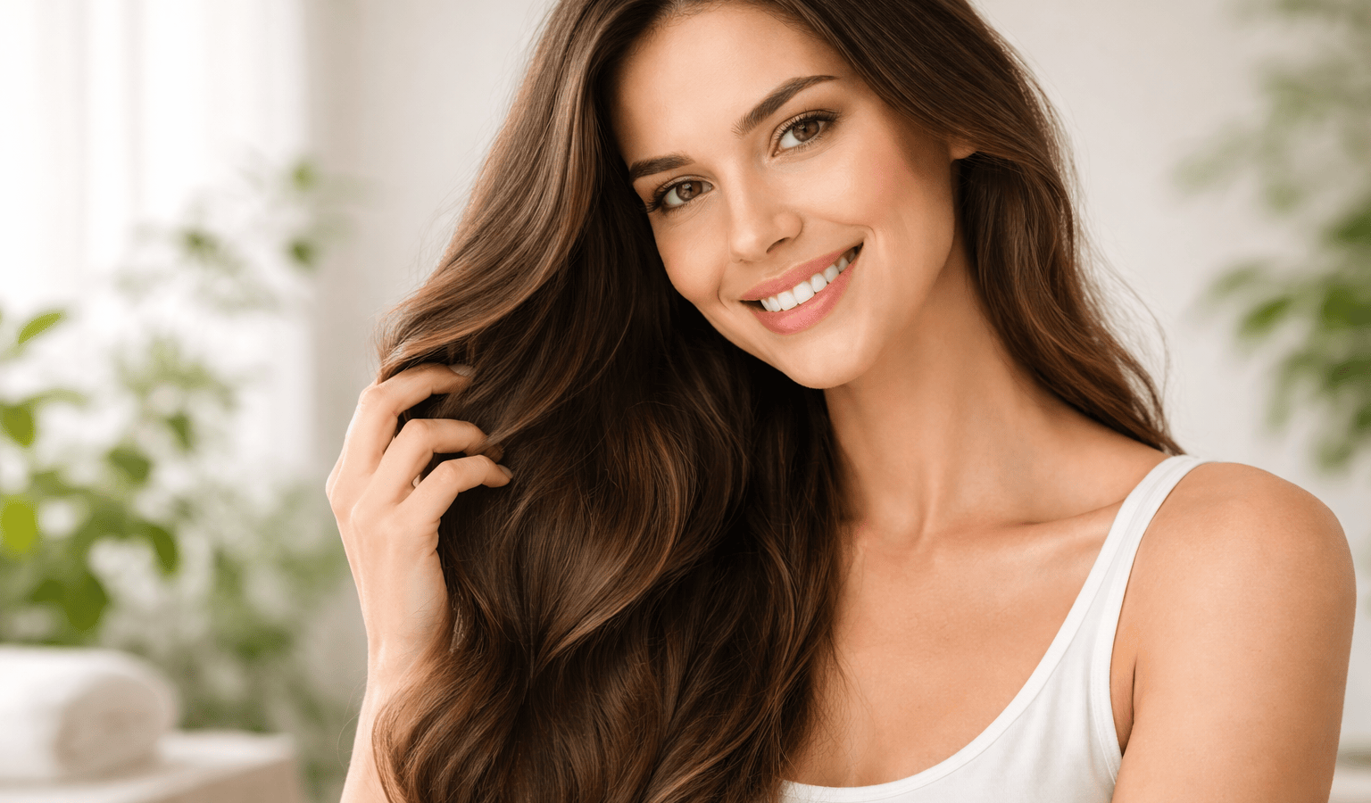 une personne avec des cheveux soyeux grâce à la biotine pour cheveux