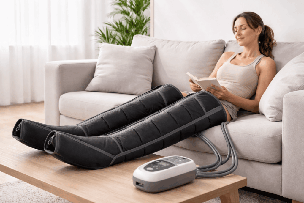 une personne détendu avec des bottes de pressothérapie
