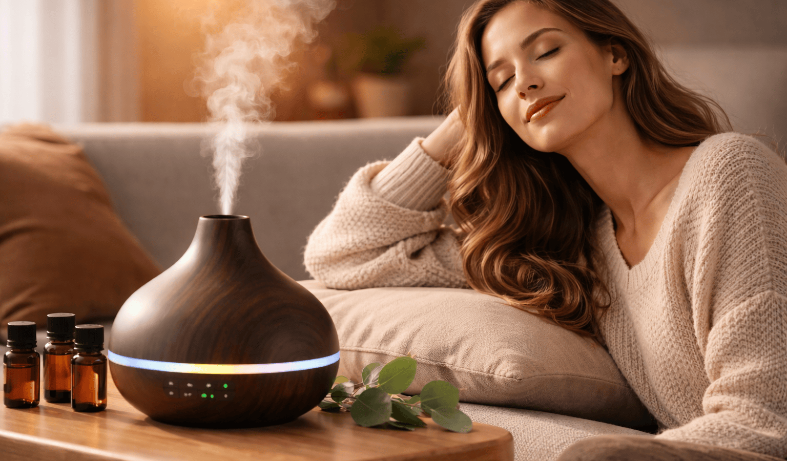 une personne détendu dans un salon grâce à son diffuseur huile essentielle​