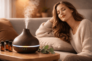 une personne détendu dans un salon grâce à son diffuseur huile essentielle​