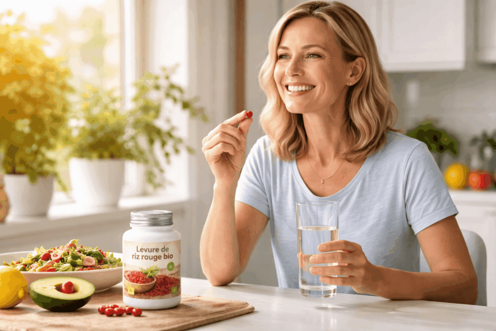 une personne prenant de la levure de riz rouge