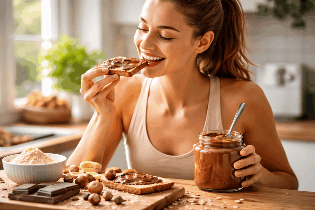 une personne prenant de la pâte à tartiner protéinée