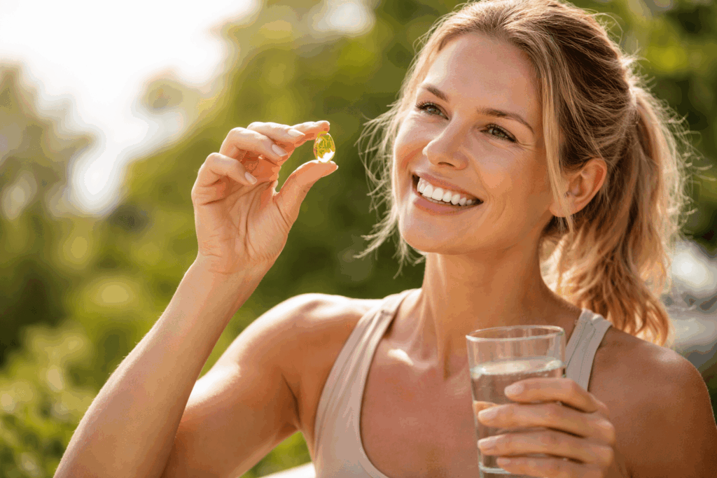 une personne prenant sa gélule d’huile de foie de morue