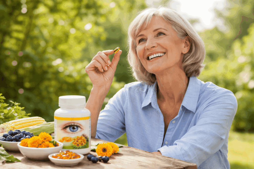 une personne prenant son complément alimentaire pour la DMLA