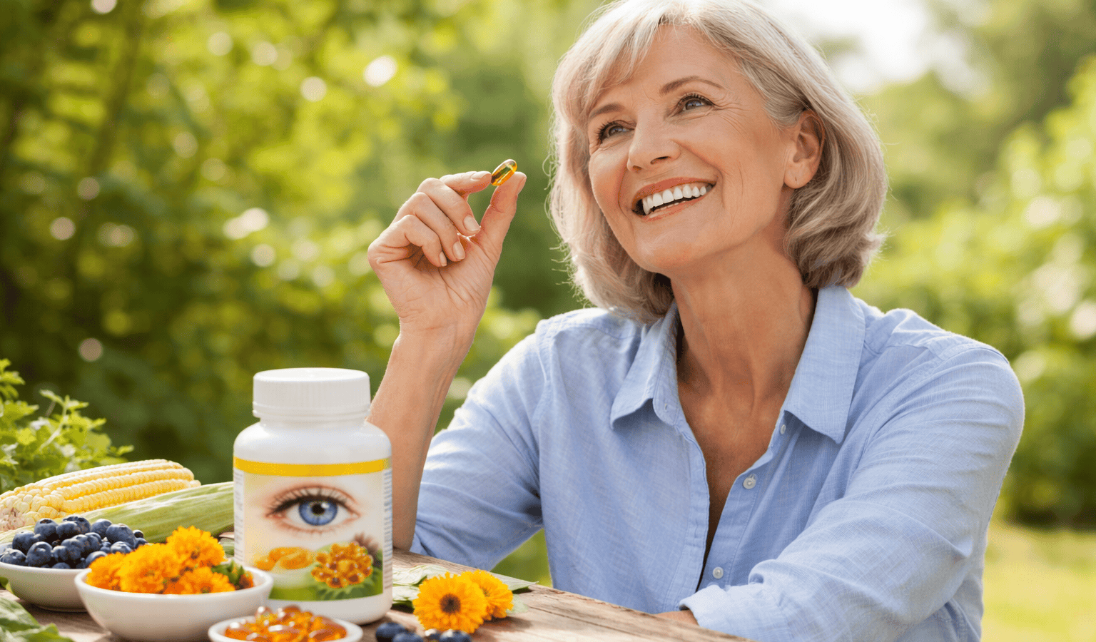 une personne prenant son complément alimentaire pour la DMLA