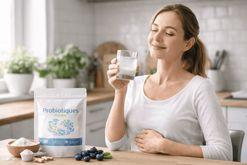 une personne profitant des bienfaits du probiotique en poudre