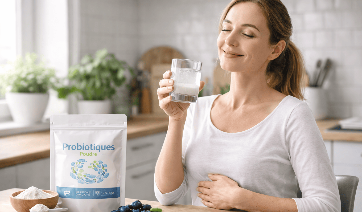 une personne profitant des bienfaits du probiotique en poudre