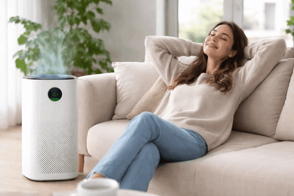 Femme détendue avec purificateur d'air