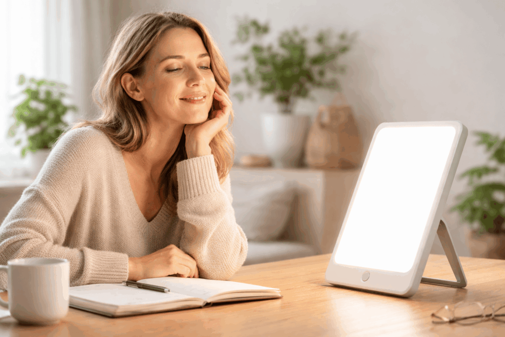 Femme détendue sous la lumière thérapeutique