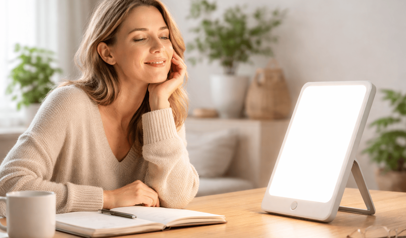 Femme détendue sous la lumière thérapeutique