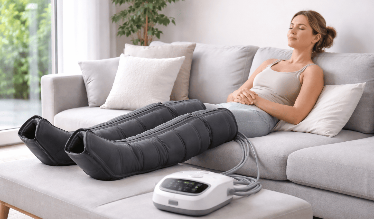 Femme se relaxant avec des bottes de compression