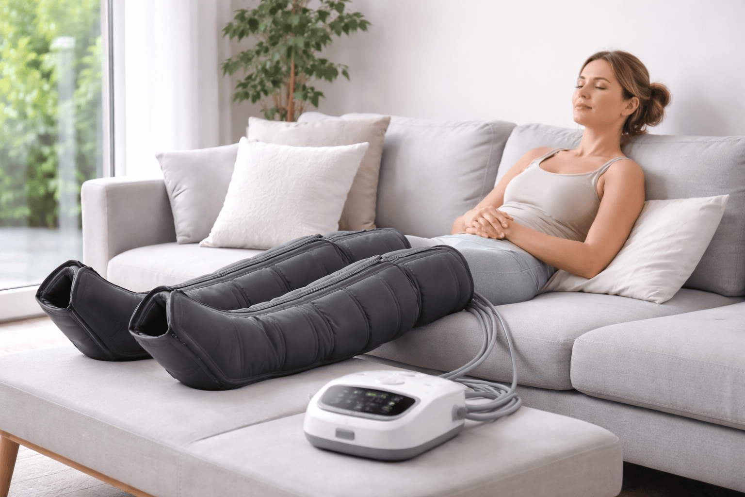Femme se relaxant avec des bottes de compression