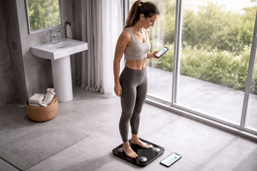 une personne se mesurant avec sa balance connectée