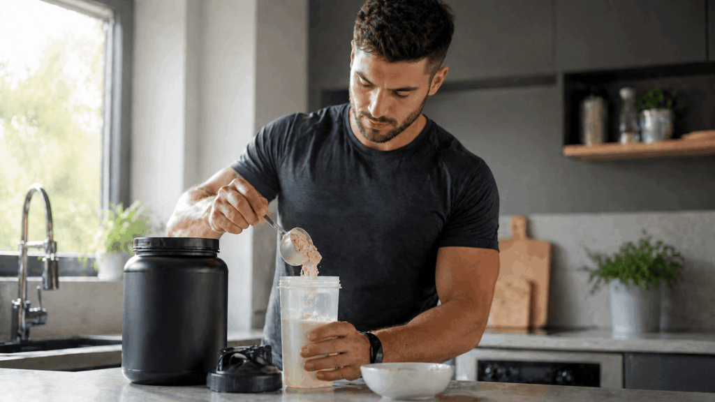 Préparation de shake protéiné dans une cuisine moderne