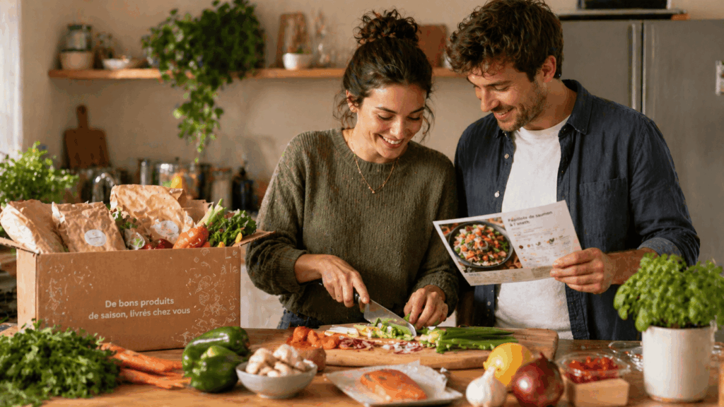 couple cuisinant avec son panier repas