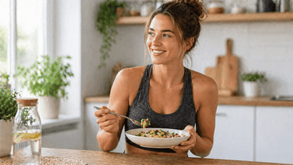 une femme dégustant son repas minceur