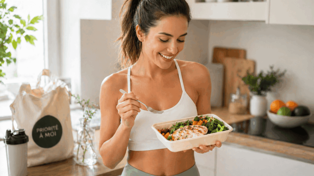 une femme dégustant son repas minceur