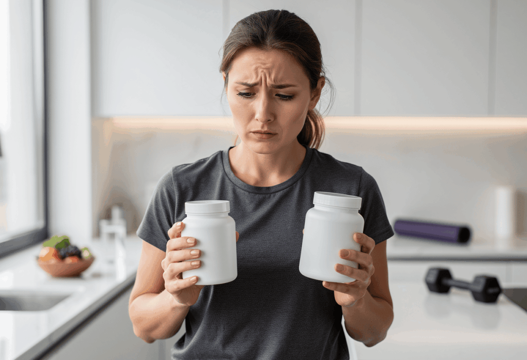 une femme tenant deux boites de deux marques différentes Nutripure ou Nutrimuscle