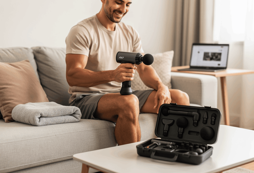 Un homme sportif utilisant son pistolet de massage jolt