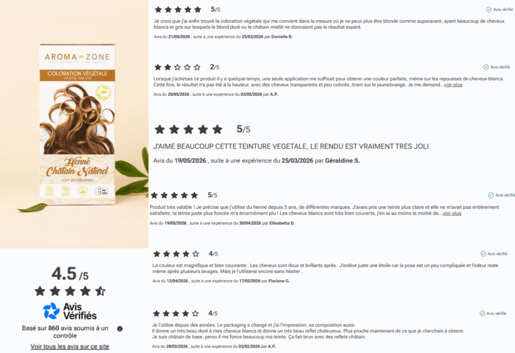 avis des clients sur le henné Aroma-zone