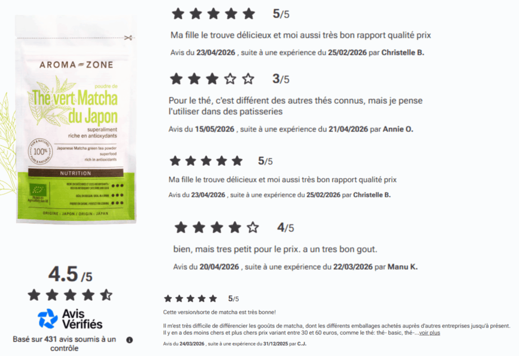 avis des clients sur le matcha aroma-zone