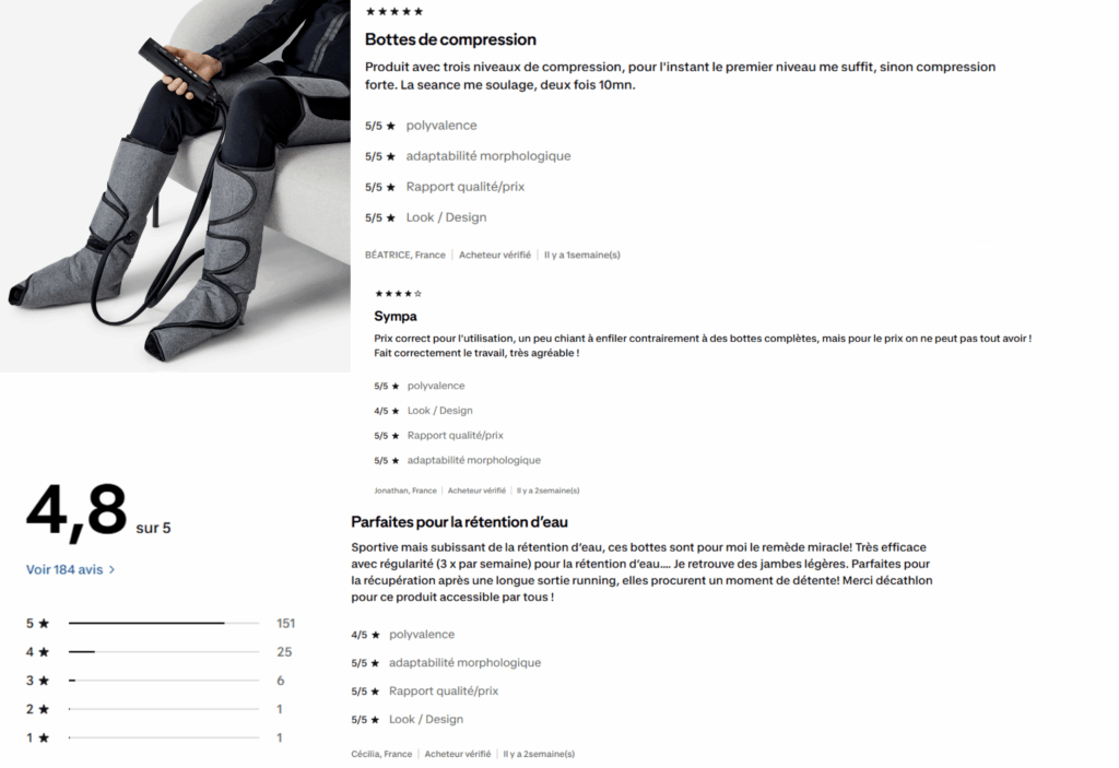 avis des clients sur les bottes pressothérapie décathlon